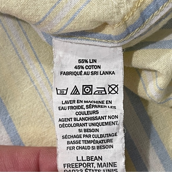 L.L. Bean Yellow Blue Striped Linen Blend Size Large Button Up Short Sleeve Mens - Picture 2 of 5